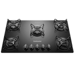 Foto-tirada-de-cima-pra-baixo-do-cooktop-5-bocas-Continental-a-gas-de-vidro-temperado-preto-modelo-KC5GP-–-bivolt.-Sao-2-bocas-na-lateral-esquerda-uma-maior-no-meio-e-2-na-lateral-direita.-Todas-elas-com-grades-individuais.-Na-parte-da-frente-da-boca-do-meio-ficam-os-botoes-dos-queimadores.