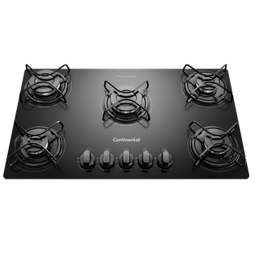 Foto-tirada-de-cima-pra-baixo-do-cooktop-5-bocas-Continental-a-gas-de-vidro-temperado-preto-modelo-KC5GP-–-bivolt.-Sao-2-bocas-na-lateral-esquerda-uma-maior-no-meio-e-2-na-lateral-direita.-Todas-elas-com-grades-individuais.-Na-parte-da-frente-da-boca-do-meio-ficam-os-botoes-dos-queimadores.