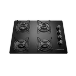 Foto tirada de cima pra baixo do cooktop 4 bocas continental a gás de vidro temperado preto, modelo KC4GP - bivolt. São 2 bocas na lateral esquerda e 2 na lateral direita, todas com grades individuais. À direta, ficam os botões dos queimadores.