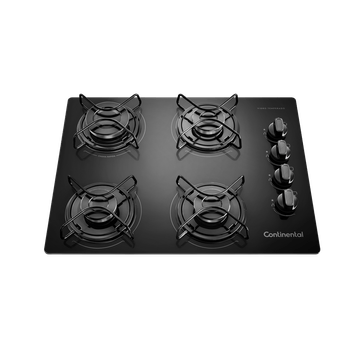 Foto-tirada-de-cima-pra-baixo-do-cooktop-4-bocas-continental-a-gas-de-vidro-temperado-preto-modelo-KC4GP---bivolt.-Sao-2-bocas-na-lateral-esquerda-e-2-na-lateral-direita-todas-com-grades-individuais.-A-direta-ficam-os-botoes-dos-queimadores.