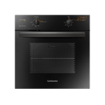 Foto-frontal-do-forno-a-gas-de-embutir-da-Continental-preto-modelo-OC8GP.-O-painel-de-controle-cujas-descricoes-das-opcoes-disponiveis-estao-na-area-de-resumo-do-produto-traz-as-informacoes-nas-cores-branca-e-laranja.-O-forno-tem-botoes-para-a-temperatura-e-o-timer.-