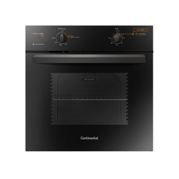 Foto-frontal-do-forno-a-gas-de-embutir-da-Continental-preto-modelo-OC8GP.-O-painel-de-controle-cujas-descricoes-das-opcoes-disponiveis-estao-na-area-de-resumo-do-produto-traz-as-informacoes-nas-cores-branca-e-laranja.-O-forno-tem-botoes-para-a-temperatura-e-o-timer.-