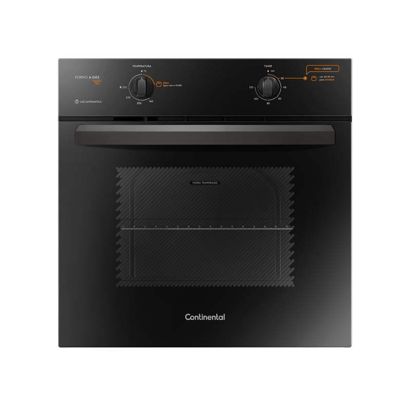 Foto-frontal-do-forno-a-gas-de-embutir-da-Continental-preto-modelo-OC8GP.-O-painel-de-controle-cujas-descricoes-das-opcoes-disponiveis-estao-na-area-de-resumo-do-produto-traz-as-informacoes-nas-cores-branca-e-laranja.-O-forno-tem-botoes-para-a-temperatura-e-o-timer.-