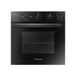 Foto frontal do forno elétrico de embutir da Continental preto, modelo OC8EP. O painel de controle, cujas descrições das opções disponíveis estão na área de resumo do produto, traz as informações nas cores branca e laranja. O forno tem botões para escolher o tipo de preparo e função grill, temperatura e timer.
