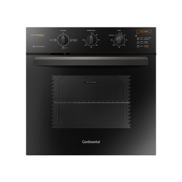Foto-frontal-do-forno-eletrico-de-embutir-da-Continental-preto-modelo-OC8EP.-O-painel-de-controle-cujas-descricoes-das-opcoes-disponiveis-estao-na-area-de-resumo-do-produto-traz-as-informacoes-nas-cores-branca-e-laranja.-O-forno-tem-botoes-para-escolher-o-tipo-de-preparo-e-funcao-grill-temperatura-e-timer.