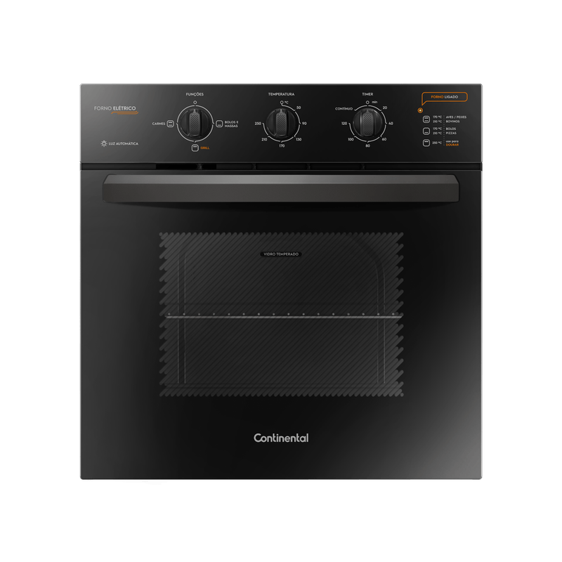 Foto frontal do forno elétrico de embutir da Continental preto, modelo OC8EP. O painel de controle, cujas descrições das opções disponíveis estão na área de resumo do produto, traz as informações nas cores branca e laranja. O forno tem botões para escolher o tipo de preparo e função grill, temperatura e timer.