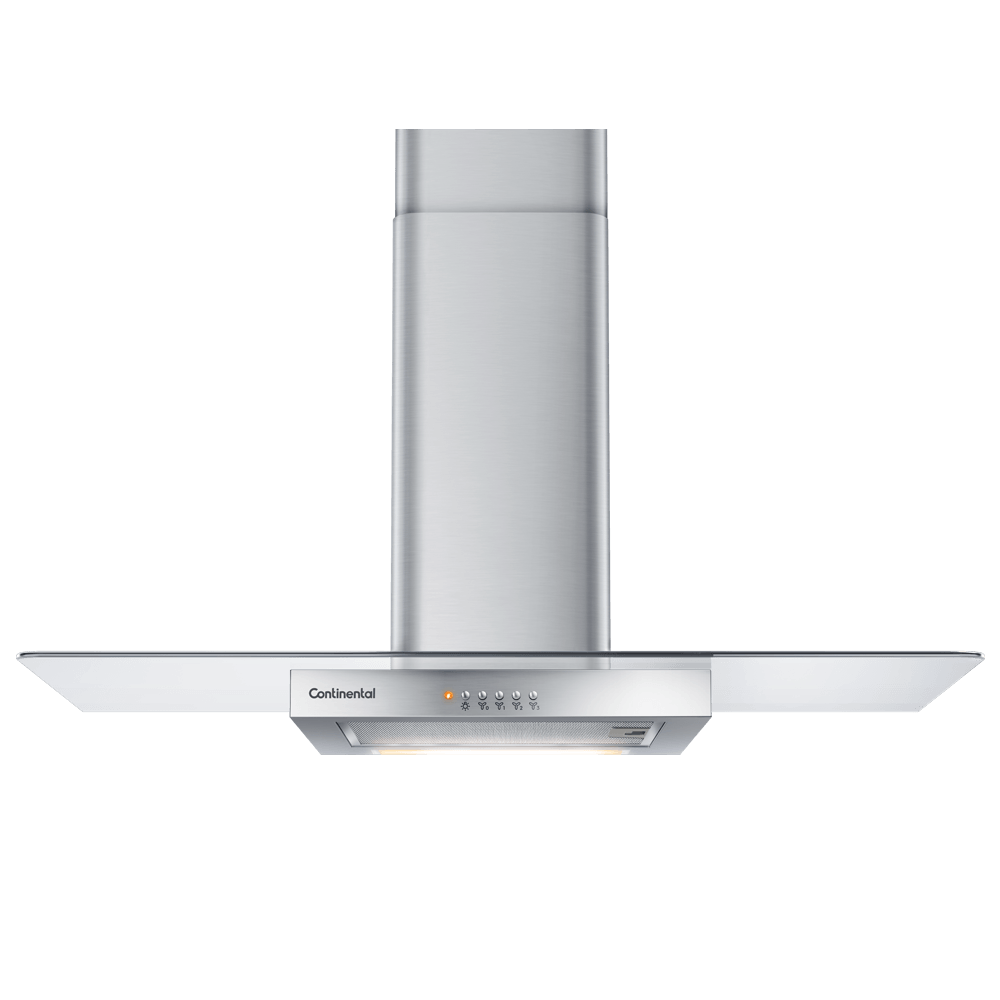 Foto-frontal-da-coifa-de-parede-Continental-com-acabamento-em-inox-e-vidro-e-luzes-embutidas-modelo-CC9VX.-