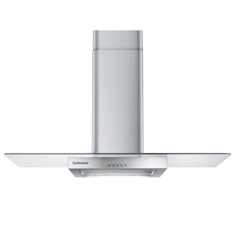 Foto frontal da coifa de parede Continental com acabamento em inox e vidro e luzes embutidas, modelo CC9VX.