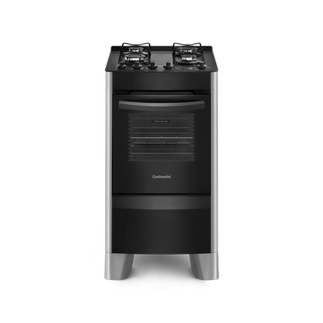 Foto-frontal-do-fogao-4-bocas-continental-automatico-prata-com-mesa-de-vidro-modelo-FC4VS---bivolt.-Ele-tem-as-laterais-pratas-pes-altos-tambem-na-cor-prata-e-a-parte-da-frente-preta-mesa-de-vidro-preta-com-os-botoes-em-cima-grades-individuais-para-cada-boca-e-forno-com-frente-de-vidro-e-puxador-na-cor-preta.