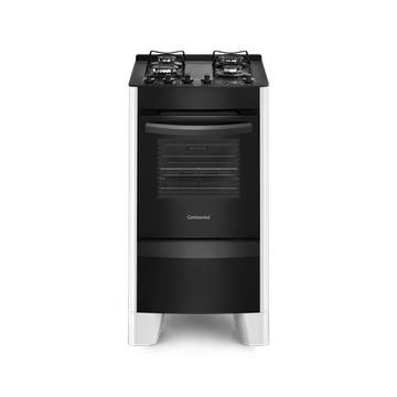 Foto-frontal-do-fogao-4-bocas-Continental-automatico-branco-com-mesa-de-vidro-modelo-FC4VB-–-bivolt.-Ele-tem-as-laterais-brancas-pes-brancos-e-altos-e-a-parte-da-frente-preta-mesa-de-vidro-preta-com-os-botoes-em-cima-grades-individuais-para-cada-boca-e-forno-com-frente-de-vidro-e-puxador-na-cor-preta.