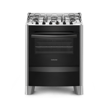 Foto-frontal-do-fogao-5-bocas-Continental-automatico-prata-com-mesa-de-inox-modelo-FC5CS---bivolt.-Ele-tem-as-laterais-prata-pes-prata-e-altos-e-a-parte-da-frente-preta-grades-duplas-individuais-para-cada-boca-tampa-de-vidro-e-forno-com-frente-de-vidro-e-puxador-na-cor-preta.
