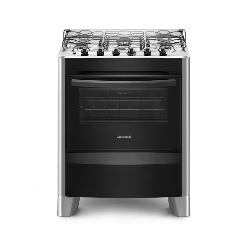 Foto frontal do fogão 5 bocas Continental automático prata com mesa de inox, modelo FC5CS - bivolt. Ele tem as laterais prata, pés prata e altos, e a parte da frente preta, grades duplas individuais para cada boca, tampa de vidro e forno com frente de vidro e puxador na cor preta.