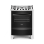 Foto-frontal-do-fogao-5-bocas-Continental-automatico-branco-com-mesa-de-inox-modelo-FC5CB---bivolt.-Ele-tem-as-laterais-brancas-pes-brancos-e-altos-e-a-parte-da-frente-preta-grades-duplas-individuais-para-cada-boca-tampa-de-vidro-e-forno-com-frente-de-vidro-e-puxador-na-cor-preta.