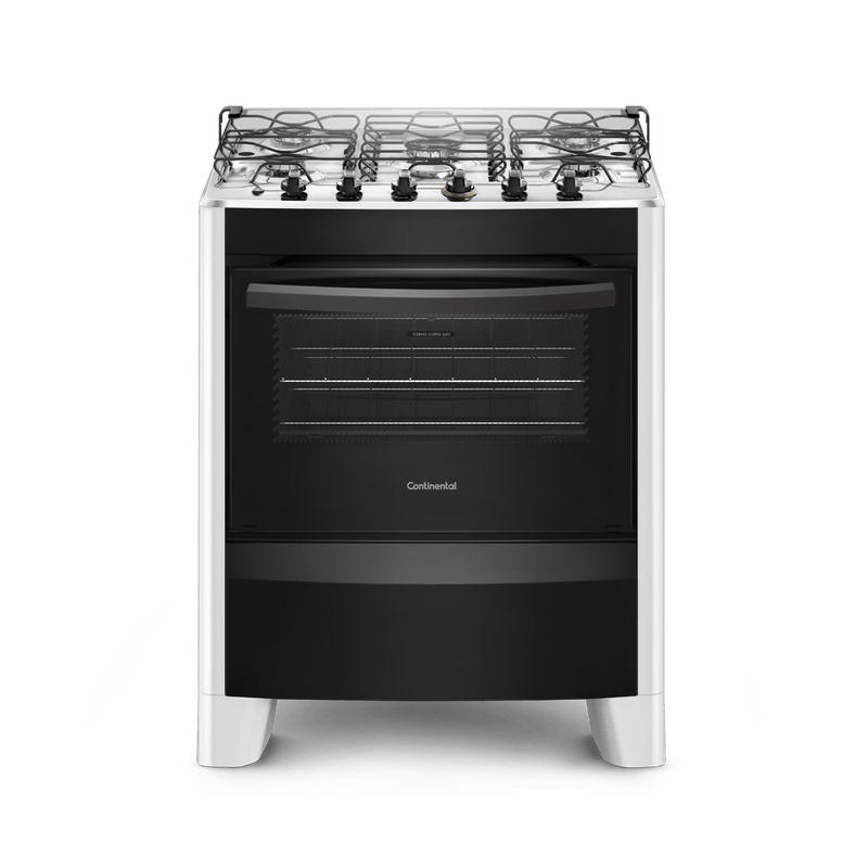 Foto-frontal-do-fogao-5-bocas-Continental-automatico-branco-com-mesa-de-inox-modelo-FC5CB---bivolt.-Ele-tem-as-laterais-brancas-pes-brancos-e-altos-e-a-parte-da-frente-preta-grades-duplas-individuais-para-cada-boca-tampa-de-vidro-e-forno-com-frente-de-vidro-e-puxador-na-cor-preta.