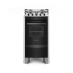 Foto frontal do fogão 4 bocas Continental prata automático com mesa compartimentada, modelo FC4CS- bivolt. Ele tem as laterais e pés altos na cor prata e a parte da frente preta, mesa de aço com os botões em cima, grades duplas individuais para cada boca, tampa de vidro e forno com frente de vidro e puxador na cor preta.