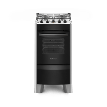 Foto-frontal-do-fogao-4-bocas-Continental-prata-automatico-com-mesa-compartimentada-modelo-FC4CS--bivolt.-Ele-tem-as-laterais-e-pes-altos-na-cor-prata-e-a-parte-da-frente-preta-mesa-de-aco-com-os-botoes-em-cima-grades-duplas-individuais-para-cada-boca-tampa-de-vidro-e-forno-com-frente-de-vidro-e-puxador-na-cor-preta.