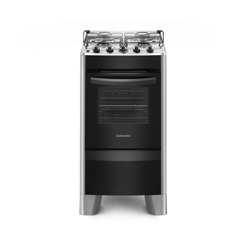 Foto frontal do fogão 4 bocas Continental prata automático com mesa compartimentada, modelo FC4CS- bivolt. Ele tem as laterais e pés altos na cor prata e a parte da frente preta, mesa de aço com os botões em cima, grades duplas individuais para cada boca, tampa de vidro e forno com frente de vidro e puxador na cor preta.