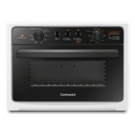 Foto frontal do forno elétrico de bancada da Continental branco, modelo BC44B. O painel de controle, cuja descrição das opções disponíveis estão na área de resumo do produto, traz as informações nas cores branca e laranja. O forno tem dois botões giratórios para a temperatura e o timer, e outros três botões seletores de função.