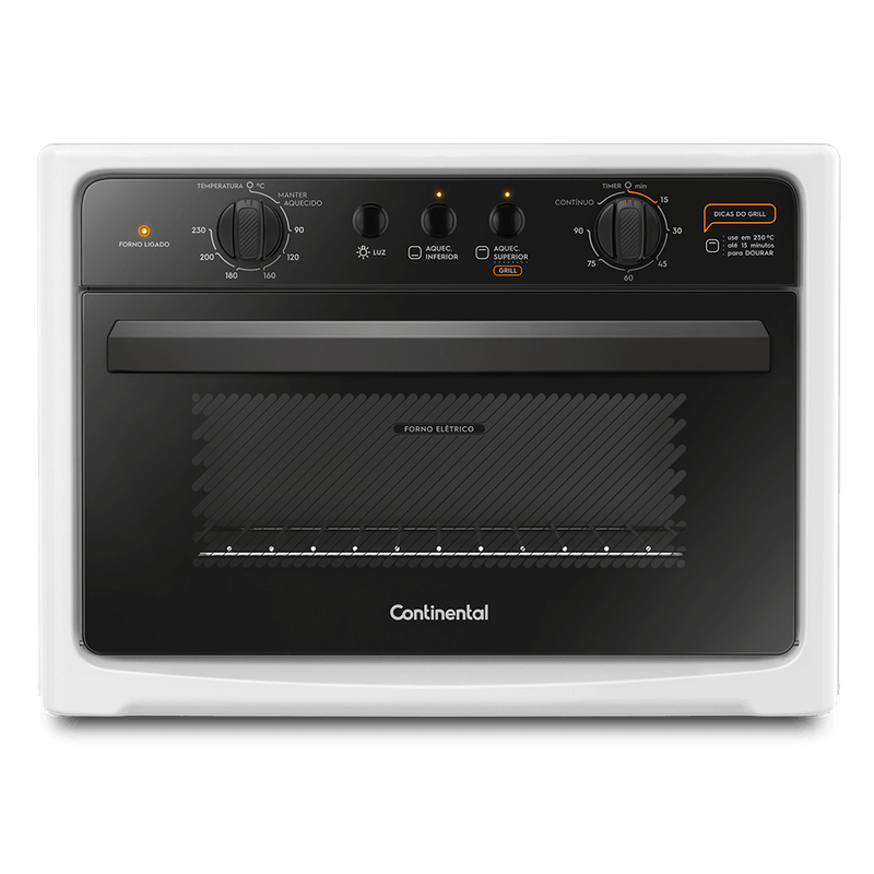 Foto frontal do forno elétrico de bancada da Continental branco, modelo BC44B. O painel de controle, cuja descrição das opções disponíveis estão na área de resumo do produto, traz as informações nas cores branca e laranja. O forno tem dois botões giratórios para a temperatura e o timer, e outros três botões seletores de função.