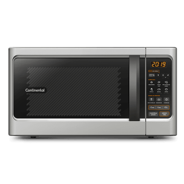Foto-frontal-do-micro-ondas-Continental-prata-modelo-MC34S.-O-painel-das-funcoes-e-receitas-pre-programadas-cujas-descricoes-das-opcoes-disponiveis-estao-na-area-de-resumo-do-produto-traz-as-informacoes-nas-cores-branca-laranja-preto-e-cinza.-