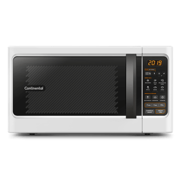 Foto-frontal-do-micro-ondas-Continental-branco-modelo-MC34B.-O-painel-das-funcoes-e-receitas-pre-programadas-cujas-descricoes-das-opcoes-disponiveis-estao-na-area-de-resumo-do-produto-traz-as-informacoes-nas-cores-branca-laranja-preto-e-cinza.-