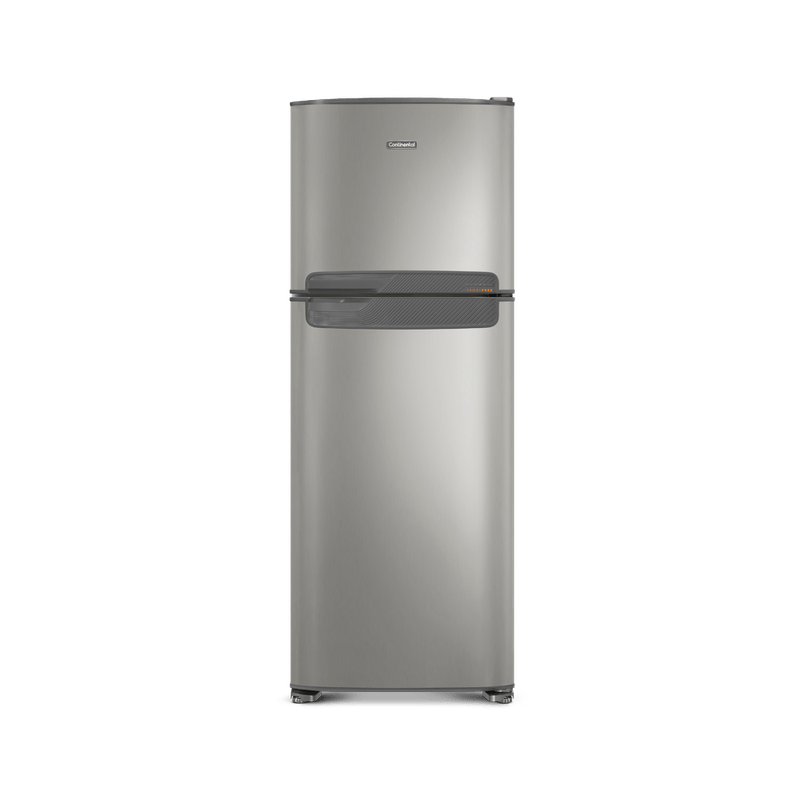 Foto frontal da geladeira Continental frost free duplex prata, modelo TC56S com puxador horizontal embutido entre as portas da geladeira e do freezer.