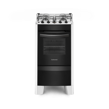 Foto-frontal-do-fogao-4-bocas-Continental-branco-automatico-com-mesa-compartimentada-modelo-FC4CB-–-bivolt.-Ele-tem-as-laterais-brancas-pes-brancos-e-altos-e-a-parte-da-frente-preta-mesa-de-aco-com-os-botoes-em-cima-grades-duplas-individuais-para-cada-boca-tampa-de-vidro-e-forno-com-frente-de-vidro-e-puxador-na-cor-preta.