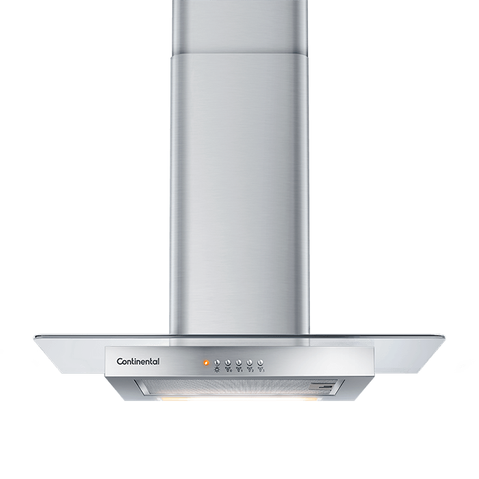 Foto frontal da coifa de parede Continental com acabamento em inox e vidro e luzes embutidas, modelo CC6VX.