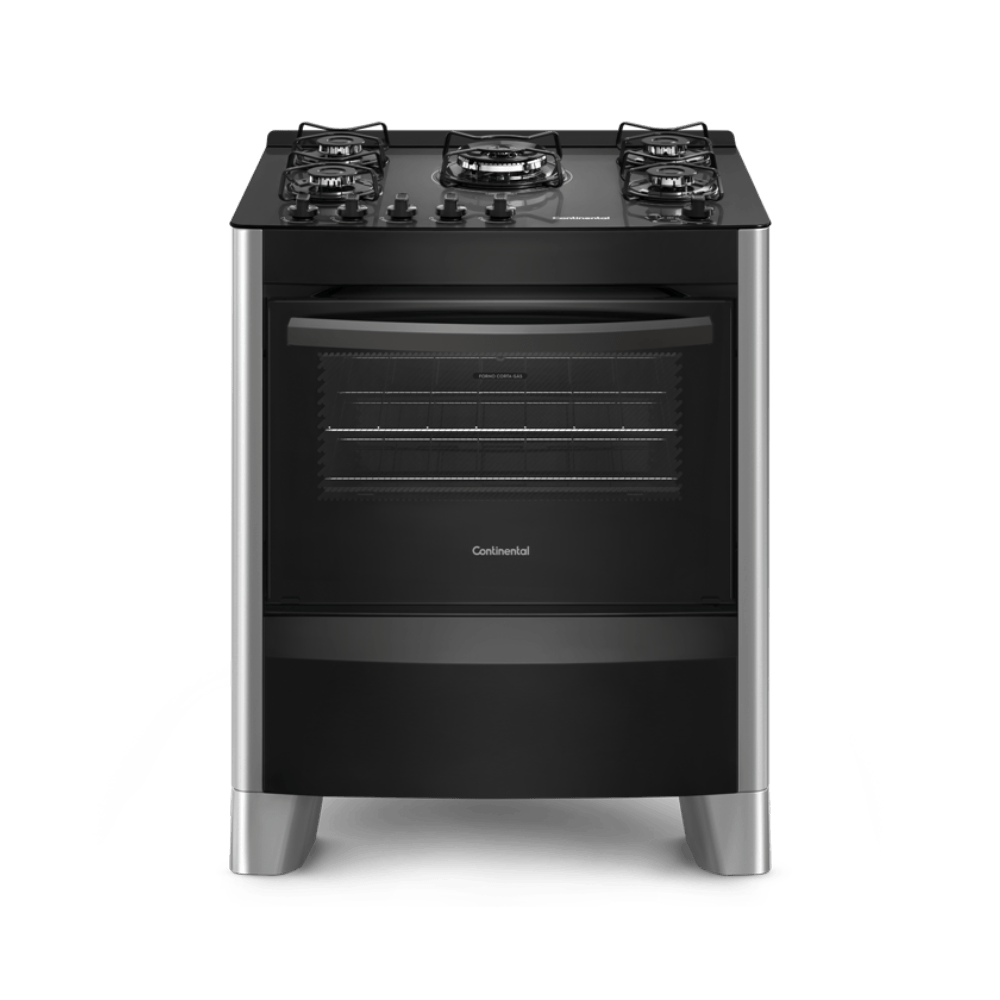 Foto-frontal-do-fogao-5-bocas-continental-automatico-prata-com-mesa-de-vidro-temperado-modelo-FC5VS---bivolt.-Ele-tem-as-laterais-prata-pes-altos-e-pratas-acabamento-frontal-na-cor-preta-mesa-de-vidro-temperado-preto-com-os-botoes-em-cima-grades-individuais-para-cada-boca-e-forno-com-frente-de-vidro-e-puxador-na-cor-preta.