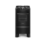 Foto frontal do fogão 4 Bocas Continental Automático Preto com Mesa de Vidro Temperado, modelo FC4VP – Bivolt. Ele é todo preto, tem mesa de vidro com os botões em cima, grades individuais para cada boca, forno com frente de vidro e puxador e seus pés são altos.