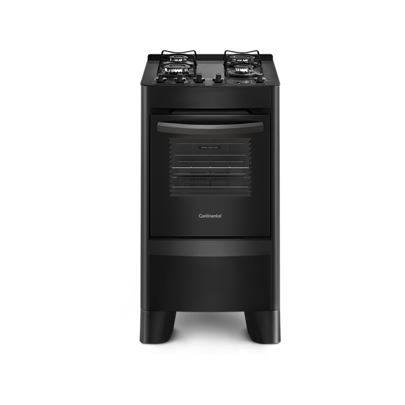 Foto frontal do fogão 4 Bocas Continental Automático Preto com Mesa de Vidro Temperado, modelo FC4VP – Bivolt. Ele é todo preto, tem mesa de vidro com os botões em cima, grades individuais para cada boca, forno com frente de vidro e puxador e seus pés são altos.