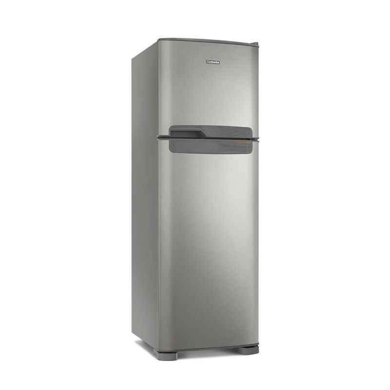 Foto lateral da geladeira Continental frost free duplex prata, modelo TC41S com puxador embutido com puxador horizontal embutido entre as portas da geladeira e do freezer.