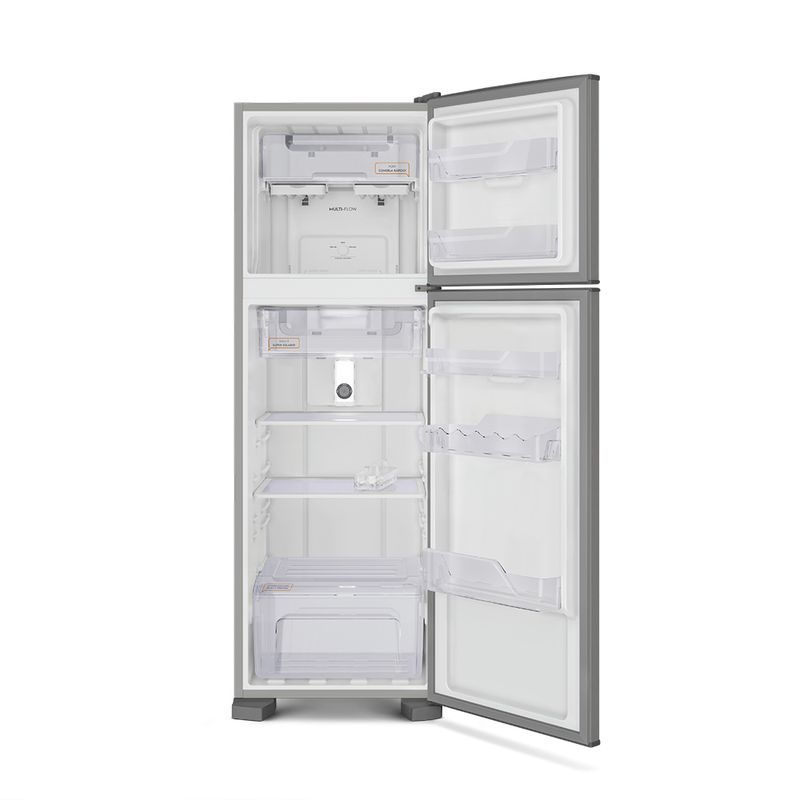 Foto frontal da geladeira Continental frost free duplex prata, modelo TC41S, com as portas abertas. O freezer tem uma prateleira retrátil, compartimento fechado para congelar rapidamente os alimentos, espaço para duas formas de gelo, e duas prateleiras no interior da porta.