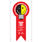 Selo Procel de Economia de Energia. Ilustração de uma lâmpada com uma carinha sorridente, com o lado esquerdo em preto e o olho fechado representando a noite, e o do lado direito em amarelo, com o olho aberto, representando o dia. Ao redor da lâmpada, há o texto "Este produto consome menos energia", e logo abaixo "Procel. Energia é dinheiro. Não desperdice.