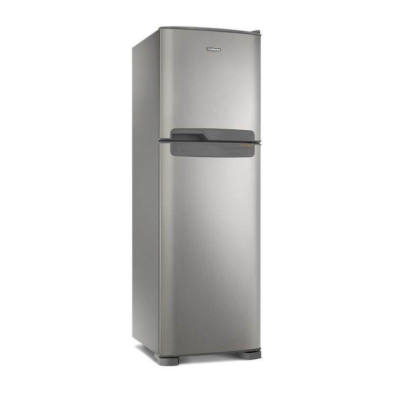 Foto lateral da geladeira Continental frost free duplex prata, modelo TC44S com puxador horizontal embutido entre as portas da geladeira e do freezer.
