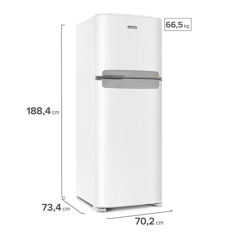 Foto lateral da geladeira Continental frost free duplex branca, modelo TC56 com puxador na cor prata horizontal embutido entre as portas da geladeira e do freezer. Na lateral esquerda, há uma linha referencial de medidas que marca 188,4 centímetros de altura, 73,4 centímetros de profundidade e 70,2 centímetros de largura. À direita da porta do freezer, há um retângulo com o texto 66,5 quilos.