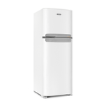 Foto lateral da geladeira Continental frost free duplex branca, modelo TC56 com puxador na cor prata horizontal embutido entre as portas da geladeira e do freezer.