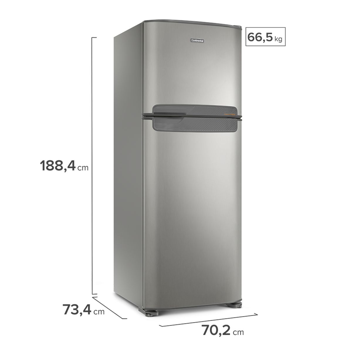 Foto-lateral-da-geladeira-Continental-frost-free-duplex-prata-modelo-TC56S-com-puxador-horizontal-embutido-entre-as-portas-da-geladeira-e-do-freezer.-Na-lateral-esquerda-ha-uma-linha-referencial-de-medidas-que-marca-1884-centimetros-de-altura-734-centimetros-de-profundidade-e-702-centimetros-de-largura.-A-direita-da-porta-do-freezer-ha-um-retangulo-com-o-texto-665-quilos.