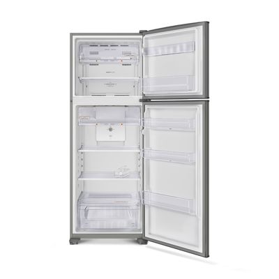 Foto-frontal-da-geladeira-Continental-frost-free-duplex-prata-modelo-TC56S-com-as-portas-abertas.-O-freezer-tem-um-compartimento-fechado-para-congelar-rapidamente-os-alimentos-uma-prateleira-divindo-o-espaco-em-dois-e-duas-prateleiras-no-interior-da-porta.-A-geladeira-possui-espaco-extra-frio-para-guardar-alimentos-frescos-que-necessitam-de-maiores-cuidados-e-refrigeracao-duas-prateleiras-que-podem-ser-colocadas-em-seis-alturas-diferentes-e-um-gavetao-para-frutas-verduras-e-legumes.