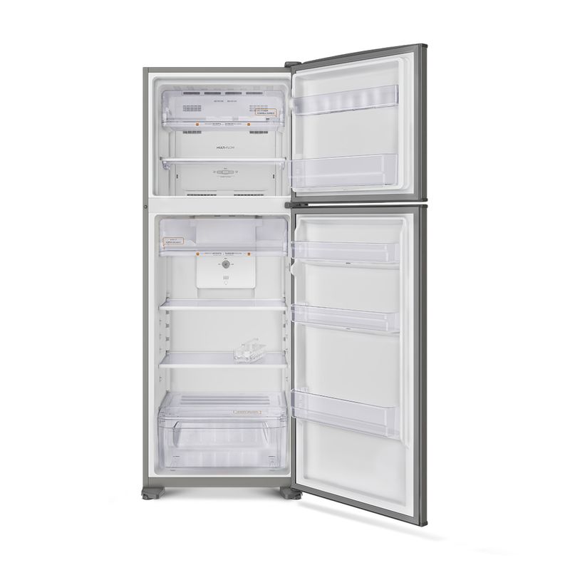 Foto frontal da geladeira Continental frost free duplex prata, modelo TC56S, com as portas abertas. O freezer tem um compartimento fechado para congelar rapidamente os alimentos, uma prateleira divindo o espaço em dois, e duas prateleiras no interior da porta. A geladeira possui espaço extra frio para guardar alimentos frescos que necessitam de maiores cuidados e refrigeração, duas prateleiras que podem ser colocadas em seis alturas diferentes e um gavetão para frutas, verduras e legumes.