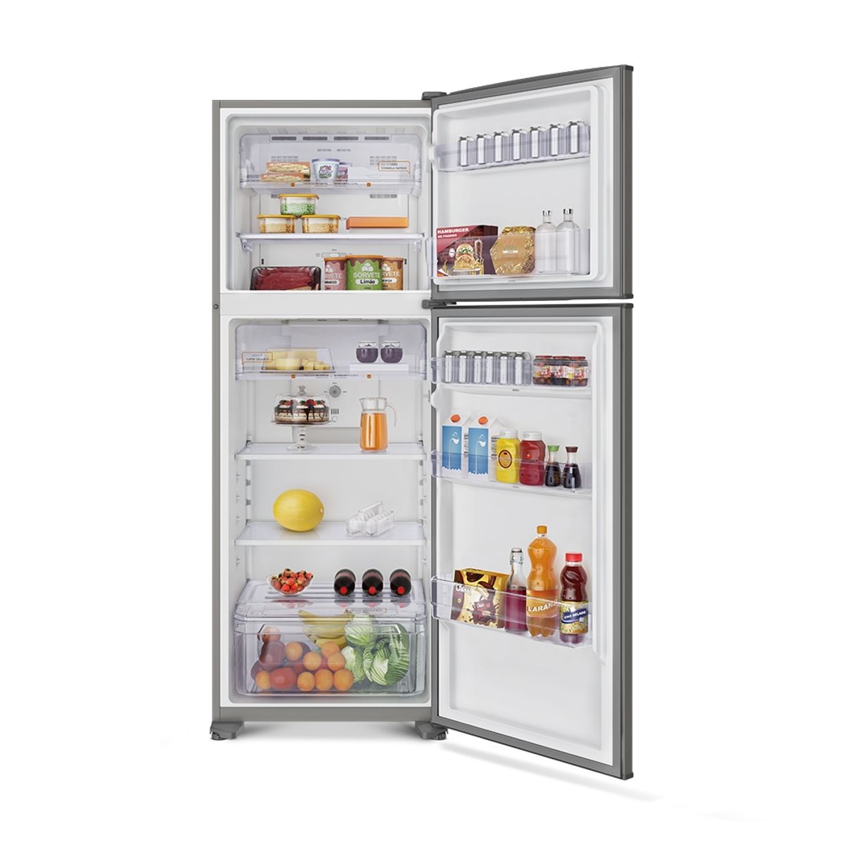 Foto-frontal-da-geladeira-Continental-frost-free-duplex-prata-modelo-TC56S-com-as-portas-abertas.-Na-prateleira-reversivel-do-freezer-ha-duas-caixas-de-comida-congelada-dois-potes-redondos-e-ainda-sobra-espaco.-Na-prateleira-do-meio-ha-tres-potes-de-vidros-empilhados-e-uma-caixa-retangular.-No-espaco-abaixo-ha-uma-bandeja-de-carne-e-tres-potes-de-sorvete.-No-interior-da-porta-ha-sete-latas-de-aluminio-na-prateleira-superior-duas-caixas-de-comida-e-duas-garrafas-na-prateleira-inferior.