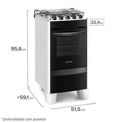Foto-do-fogao-4-bocas-Continental-branco-automatico-com-mesa-compartimentada-modelo-FC4CB-–-bivolt-levemente-em-diagonal.-Ele-tem-as-laterais-brancas-pes-brancos-e-altos-e-a-parte-da-frente-preta-mesa-de-aco-com-os-botoes-em-cima-grades-duplas-individuais-para-cada-boca-tampa-de-vidro-e-forno-com-frente-de-vidro-e-puxador-na-cor-preta.