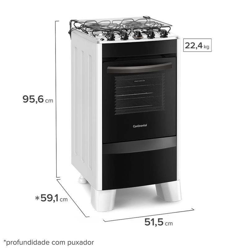 Foto do fogão 4 bocas Continental branco automático com mesa compartimentada, modelo FC4CB – bivolt levemente em diagonal. Ele tem as laterais brancas, pés brancos e altos, e a parte da frente preta, mesa de aço com os botões em cima, grades duplas individuais para cada boca, tampa de vidro e forno com frente de vidro e puxador na cor preta.