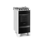 Foto do fogão 4 bocas Continental branco automático com mesa compartimentada, modelo FC4CB – bivolt levemente em diagonal. Ele tem as laterais brancas, pés brancos e altos, e a parte da frente preta, mesa de aço com os botões em cima, grades duplas individuais para cada boca, tampa de vidro e forno com frente de vidro e puxador na cor preta.