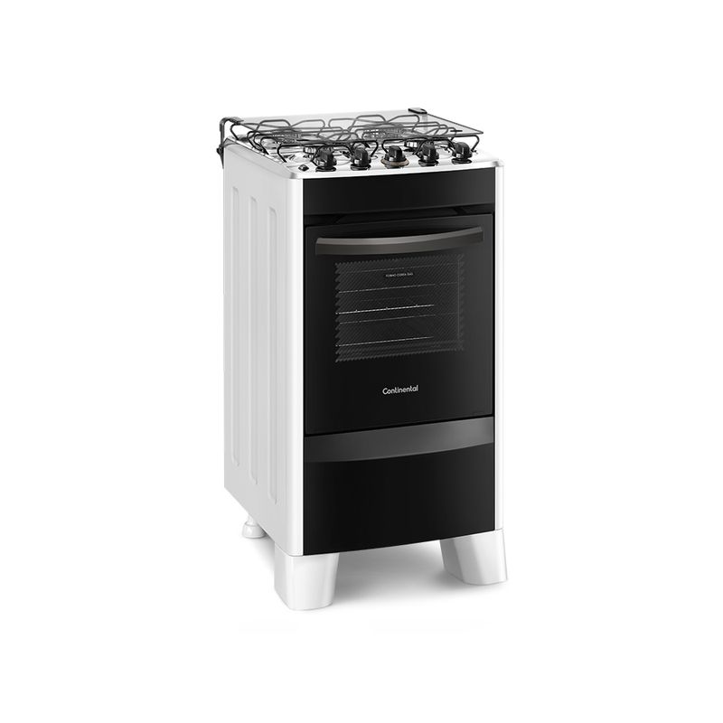 Foto do fogão 4 bocas Continental branco automático com mesa compartimentada, modelo FC4CB – bivolt levemente em diagonal. Ele tem as laterais brancas, pés brancos e altos, e a parte da frente preta, mesa de aço com os botões em cima, grades duplas individuais para cada boca, tampa de vidro e forno com frente de vidro e puxador na cor preta.