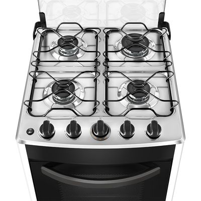 Foto-tirada-de-cima-pra-baixo-do-fogao-4-bocas-Continental-branco-automatico-com-mesa-compartimentada-modelo-FC4CB-–-bivolt.-Nela-aparece-em-destaque-a-mesa-de-aco-com-as-bocas-e-os-queimadores-do-fogao.-Sao-2-na-lateral-esquerda-e-2-na-lateral-direita.-Todas-elas-com-grades-duplas-individuais.-Mais-a-frente-ficam-os-botoes-dos-queimadores-e-do-acendedor-automatico.-