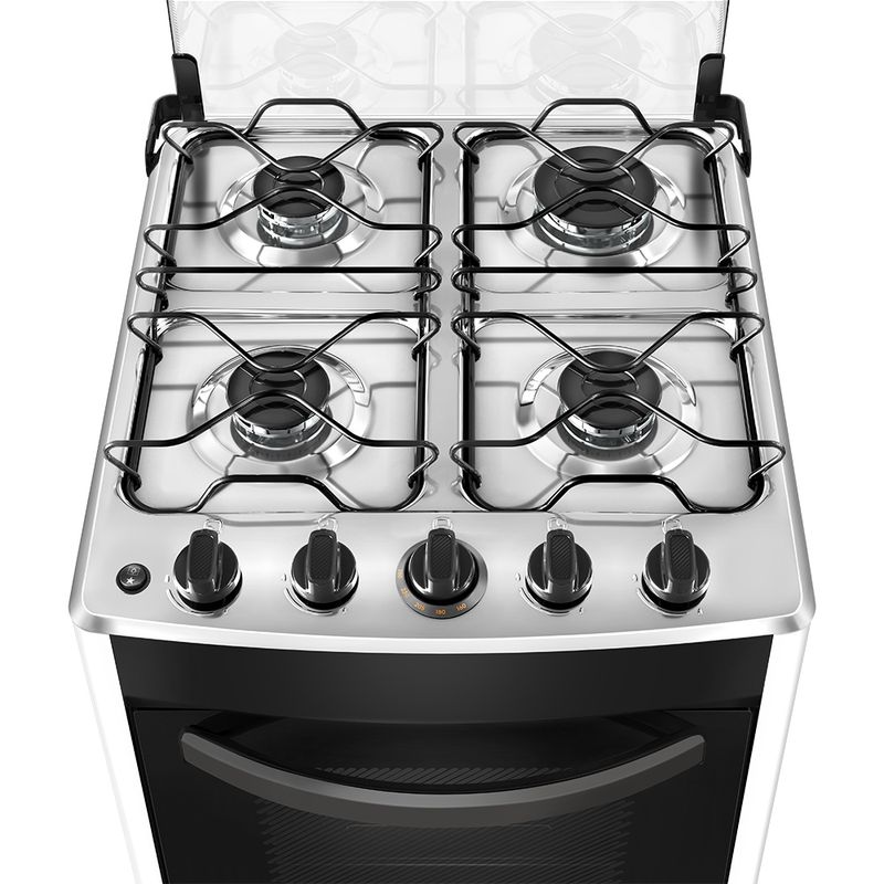 Foto tirada de cima pra baixo do fogão 4 bocas Continental branco automático com mesa compartimentada, modelo FC4CB – bivolt. Nela, aparece em destaque a mesa de aço com as bocas e os queimadores do fogão. São 2 na lateral esquerda e 2 na lateral direita. Todas elas com grades duplas individuais. Mais à frente, ficam os botões dos queimadores e do acendedor automático.