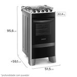 Foto do fogão 4 bocas Continental prata automático com mesa compartimentada, modelo FC4CS- bivolt levemente em diagonal. Ele tem as laterais pratas, e pés altos pratas na frente e, atrás, pés brancos reguláveis e a parte da frente preta, mesa de aço com os botões em cima, grades duplas individuais para cada boca, tampa de vidro e forno com frente de vidro e puxador na cor preta.