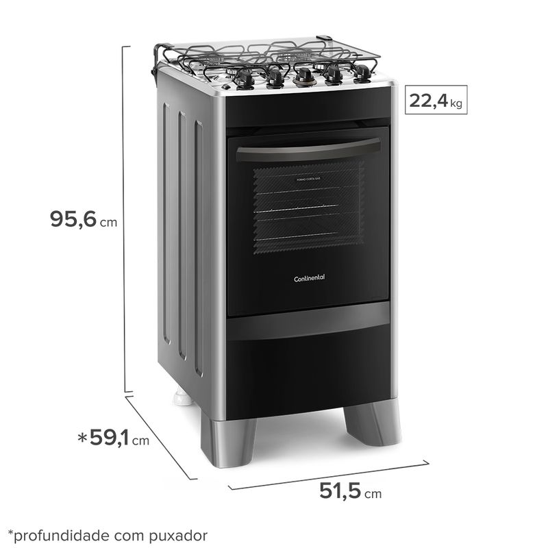 Foto do fogão 4 bocas Continental prata automático com mesa compartimentada, modelo FC4CS- bivolt levemente em diagonal. Ele tem as laterais pratas, e pés altos pratas na frente e, atrás, pés brancos reguláveis e a parte da frente preta, mesa de aço com os botões em cima, grades duplas individuais para cada boca, tampa de vidro e forno com frente de vidro e puxador na cor preta.