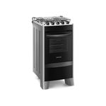 Foto do fogão 4 bocas Continental prata automático com mesa compartimentada, modelo FC4CS- bivolt levemente em diagonal. Ele tem as laterais pratas, e pés altos pratas na frente e, atrás, pés brancos reguláveis e a parte da frente preta, mesa de aço com os botões em cima, grades duplas individuais para cada boca, tampa de vidro e forno com frente de vidro e puxador na cor preta.